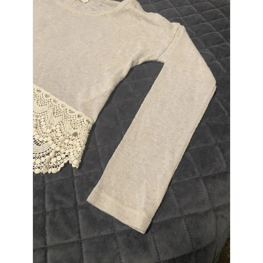 Y2K Abercrombie & Fitch W Oatmeal Long Slv Crochet Lace Hem Boho Cottagecore S